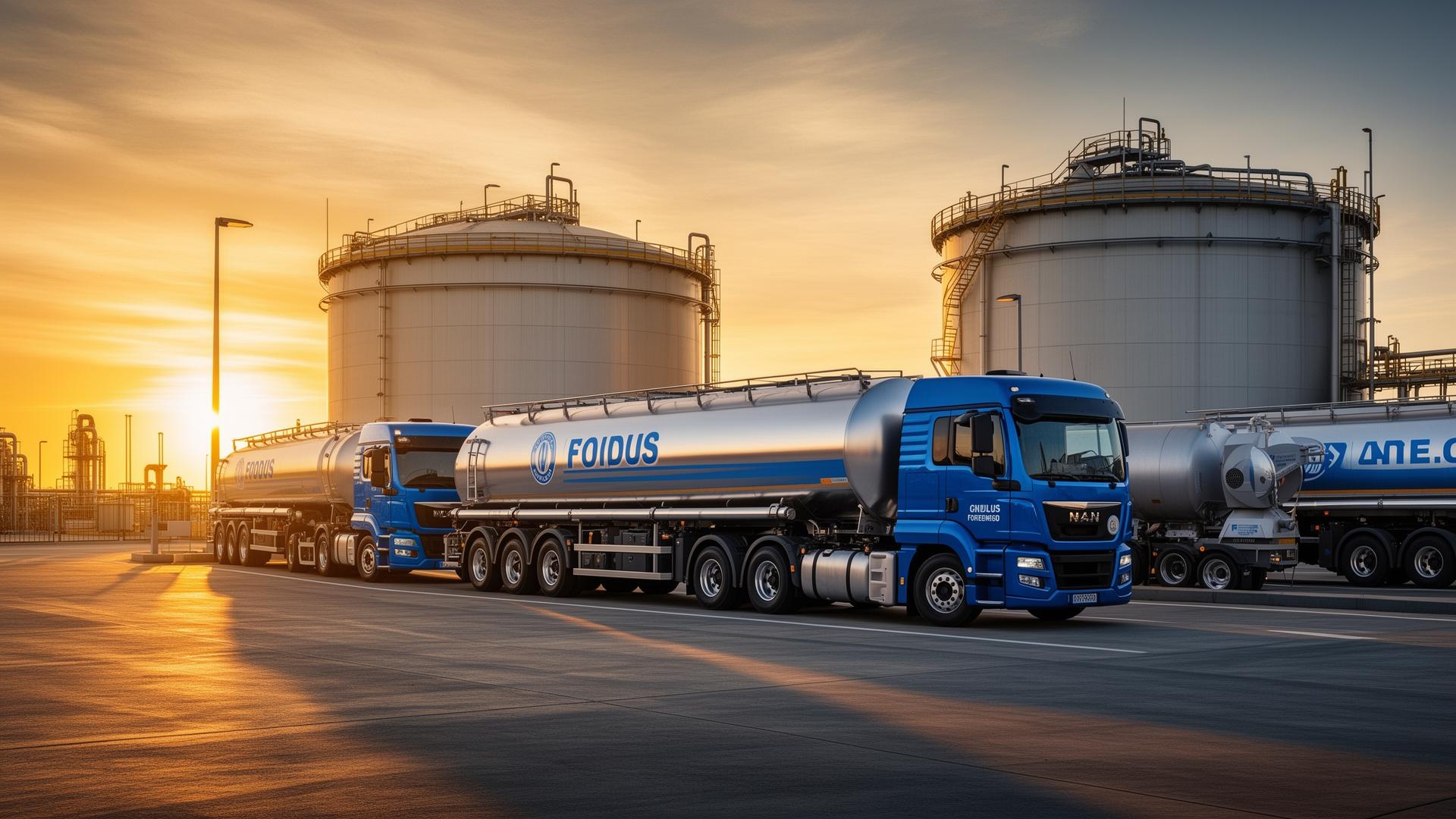 Fuel tanker trucks at industrial petroleum depot at sunrise